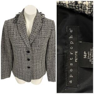 Apostrophe Blazer Womens PS Gray Black Tweed Work Office Casual Jacket Old Money